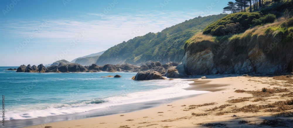 Poster Giraffes peacefully roam the beach near a towering cliff in a remote location along the Otter Trail. with copy space image. Place for adding text or design