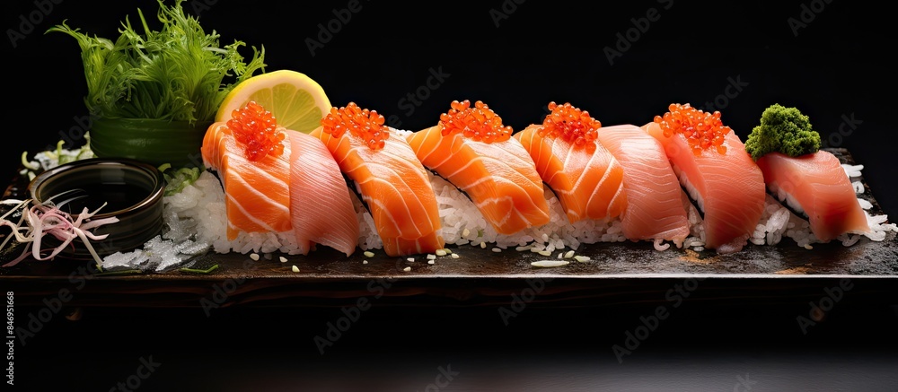 Leinwandbilder freshly prepared sushi plate featuring succulent salmon slices and colorful vegetables. with copy sp