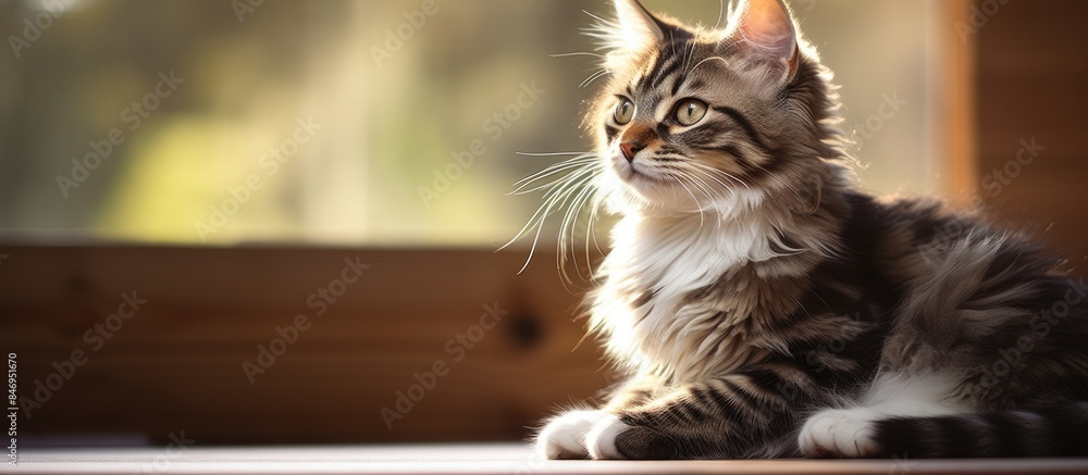 Fototapete tabby cat in brown and white, looking out the window with a cute and beautiful expression. with copy