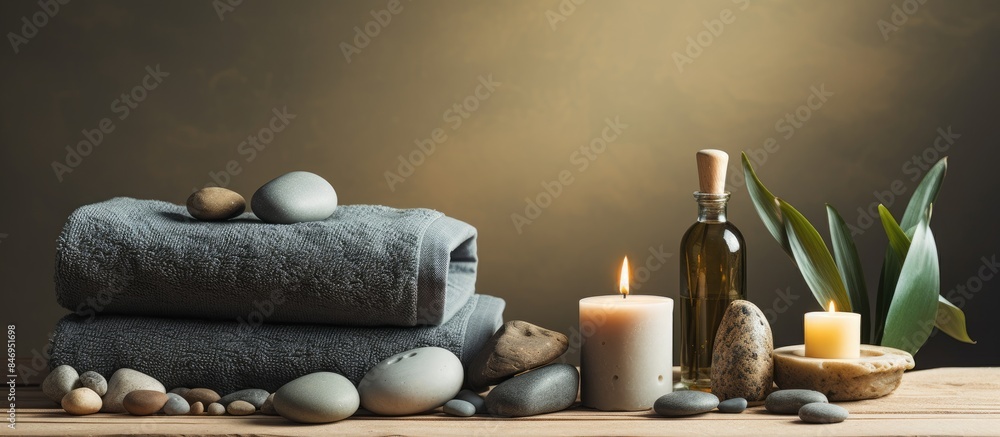 Aufkleber Arrangement of towels, candles, stones, and a bottle of wine on a table in a spa setting with space for text. with copy space image. Place for adding text or design
