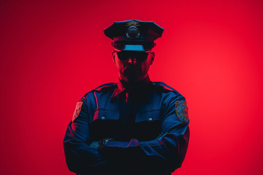 A police officer in uniform with a serious expression on his face