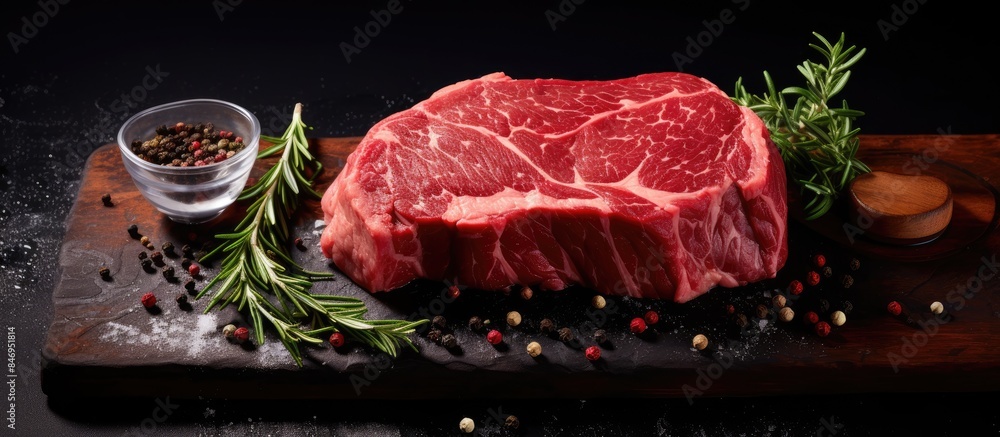 Leinwandbilder prime rib eye cut of black angus beef placed on a chopping board with a variety of spices and whole 