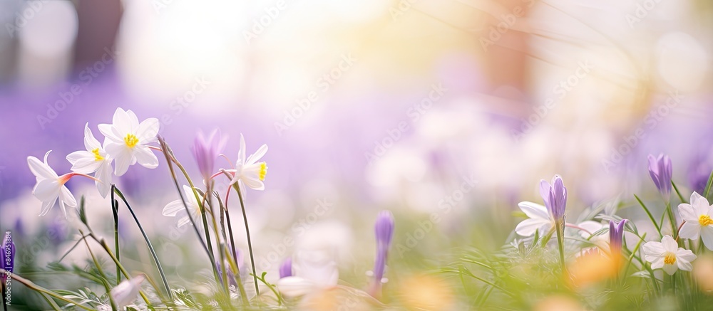 Poster wildflowers blooming in a grassy field, bathed in sunlight with a clear blue sky in the background. 