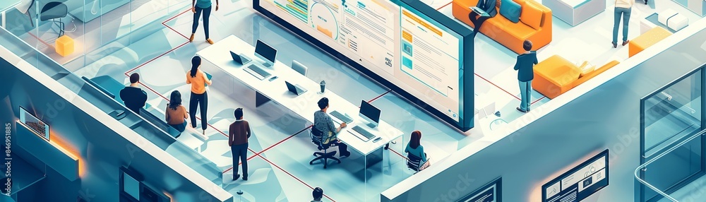Poster modern office space with diverse professionals collaborating on projects with advanced technology in