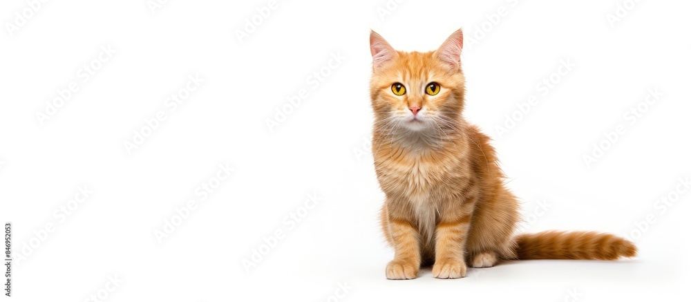 Aufkleber Adorable ginger cat sitting on the floor and looking directly at the camera. with copy space image. Place for adding text or design