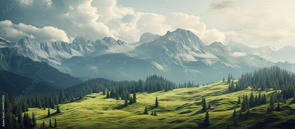 Poster foreground showcases lush greenery of trees and a spacious grassy field leading to majestic mountain