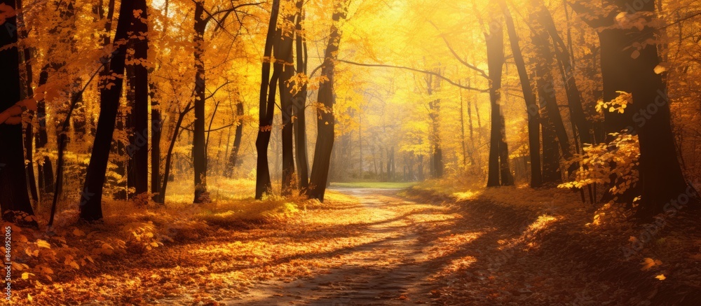 Aufkleber Sunbeams of autumn sunshine gently filter through the trees in the forest creating a warm and inviting glow. with copy space image. Place for adding text or design