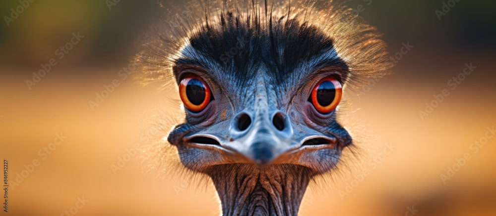 Fototapete portrait close-up of a black ostrich showcasing its large beak in detail. with copy space image. pla