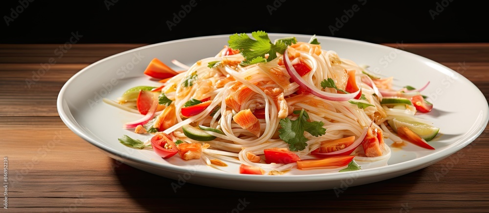 Aufkleber Close-up view of a plate containing a delicious mix of noodles and fresh vegetables. with copy space image. Place for adding text or design