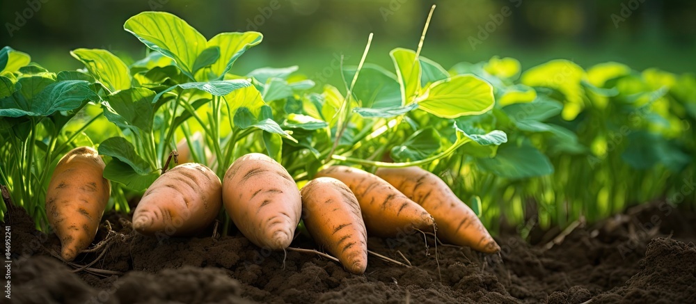 Aufkleber fresh carrots sprouting and maturing in the earth, ready for cultivation in the farmer's garden. wit