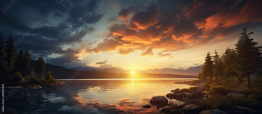 Aufkleber Golden sunset paints the sky over a tranquil lake, adorned with rocks and trees in silhouette. with copy space image. Place for adding text or design