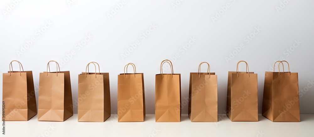 Fototapete Neatly lined up brown paper bags on a table, creating a simple and organized display. with copy space image. Place for adding text or design
