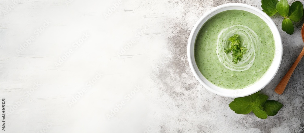 Aufkleber Spinach cream soup served in a bowl on a white rustic tabletop, seen from the top. with copy space image. Place for adding text or design