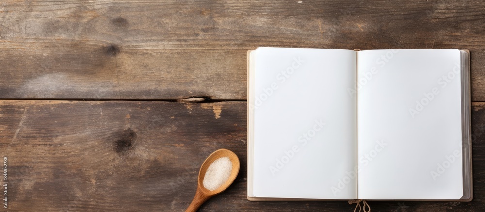 Poster an open book placed on a table with a wooden spoon next to it, creating a cozy and inviting setting 