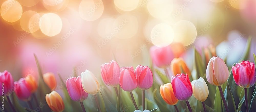 Poster Vibrant pink tulips perfectly stand out against a backdrop of mesmerizing multicolored bokeh in a beautiful field of flowers. with copy space image. Place for adding text or design