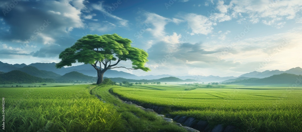 Fototapete Scenic view of a tree standing in a vast field with a tranquil stream flowing through it, capturing the beauty of lush green paddy fields. with copy space image. Place for adding text or design