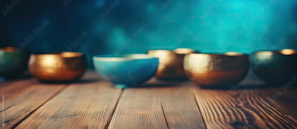 Leinwandbilder Several bowls neatly placed in a row on a table made of wood, creating a simple and organized display. with copy space image. Place for adding text or design