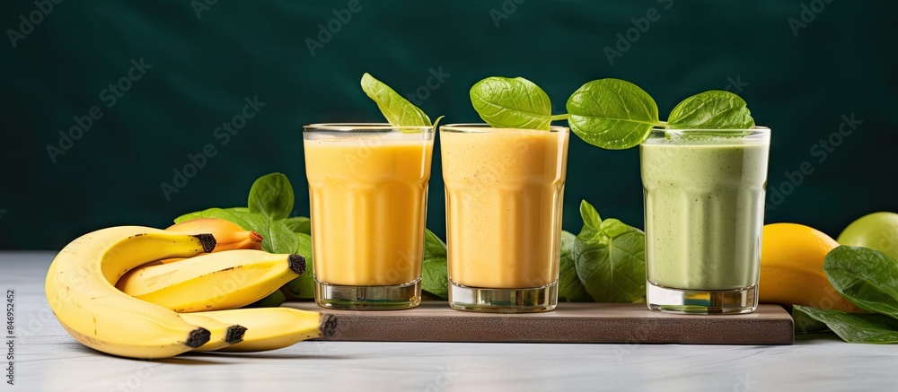 Fototapete three refreshing smoothies in glass cups, made with bananas and assorted fruits like mango, spinach,