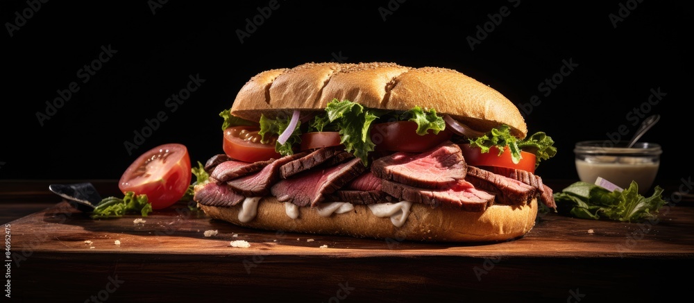 Poster roast beef sandwich placed on a wooden cutting board with fresh vegetables and condiments. with copy