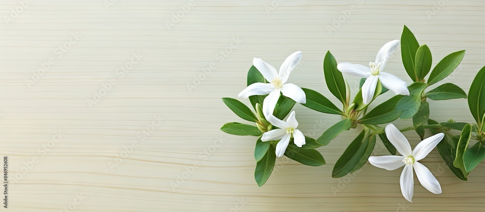 Poster three delicate white flowers placed on a rustic wooden table, showcasing simplicity and elegance. wi
