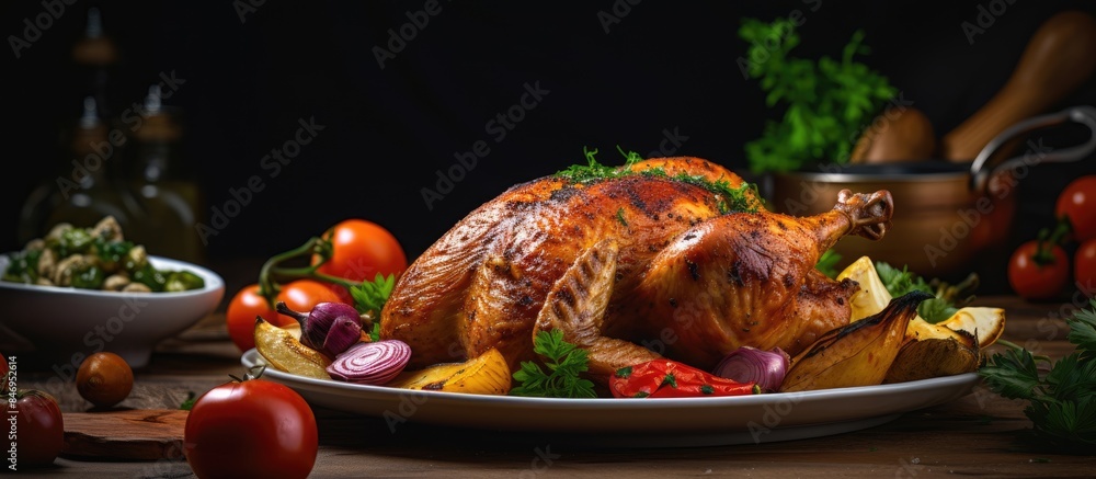 Poster whole roasted turkey served with assorted vegetables and herbs on a plate. with copy space image. pl