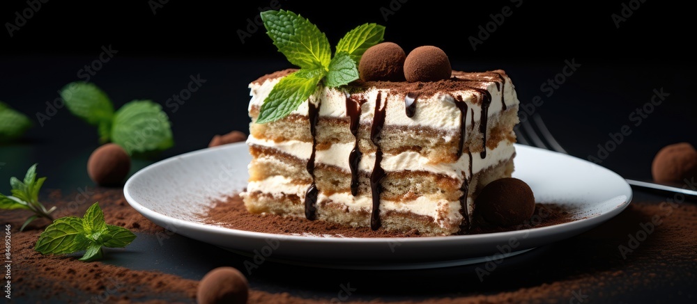 Poster a delicious piece of cake sits on a plate garnished with chocolate and fresh mint, a tempting treat 