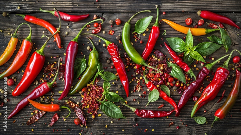 Poster a close-up image of a variety of fresh and dried chili peppers scattered on a rustic wooden surface.