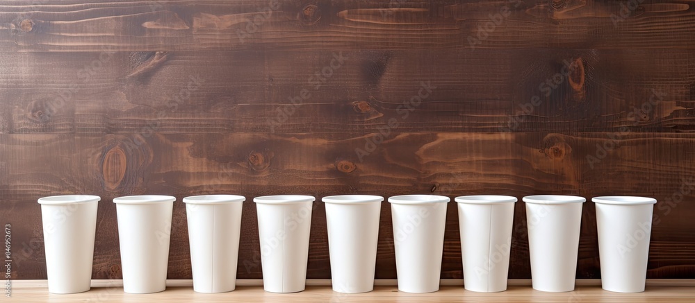 Poster Multiple white cups are placed in a row on a wooden table surface. with copy space image. Place for adding text or design