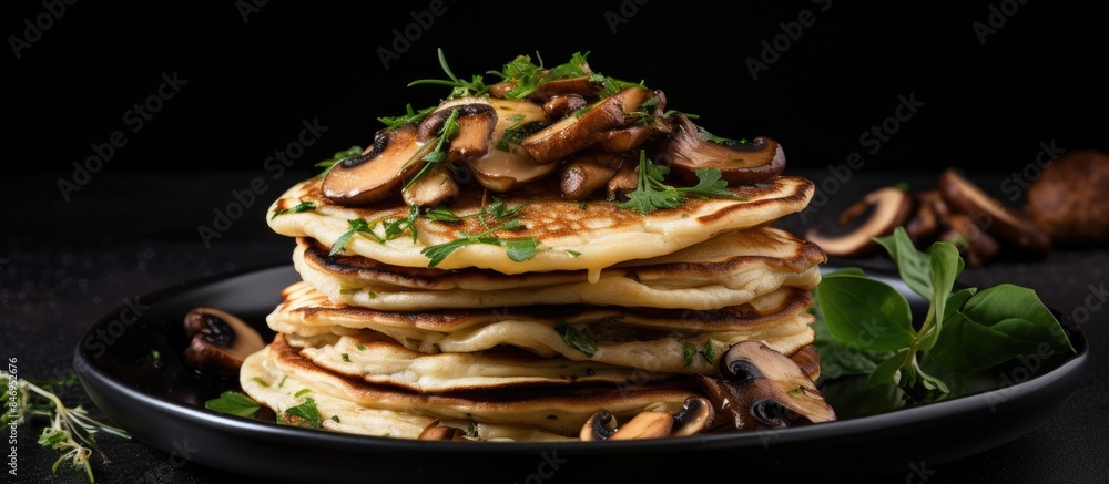 Poster savory pancakes served on a plate with a generous topping of mushrooms and fresh herbs. with copy sp