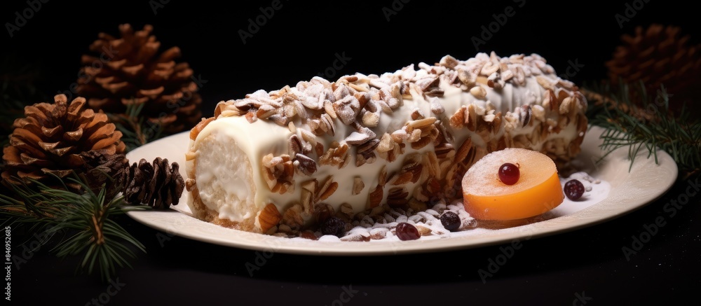 Poster yummy roll topped with a slice of fresh fruit. with copy space image. place for adding text or desig