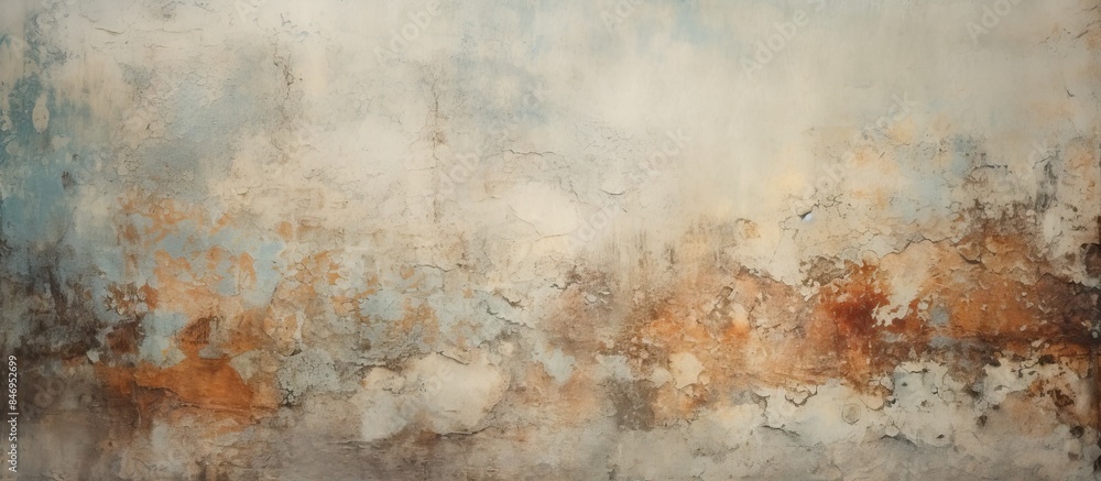 Poster a detailed close-up of an old wall with a grunge texture, showcasing a mix of brown and blue paint m