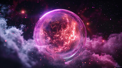 Fototapeta premium 3D Spectacular cosmic cloud explosion within transparent sphere with black background. Nebula and stars in space concept with purple neon. Abstract wallpaper and creative design, AI Generative.