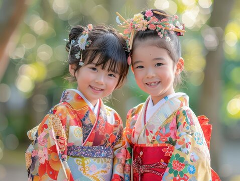 Children dressed in traditional kimonos, celebrating Coming of Age Day with smiles and laughter in a serene park setting.