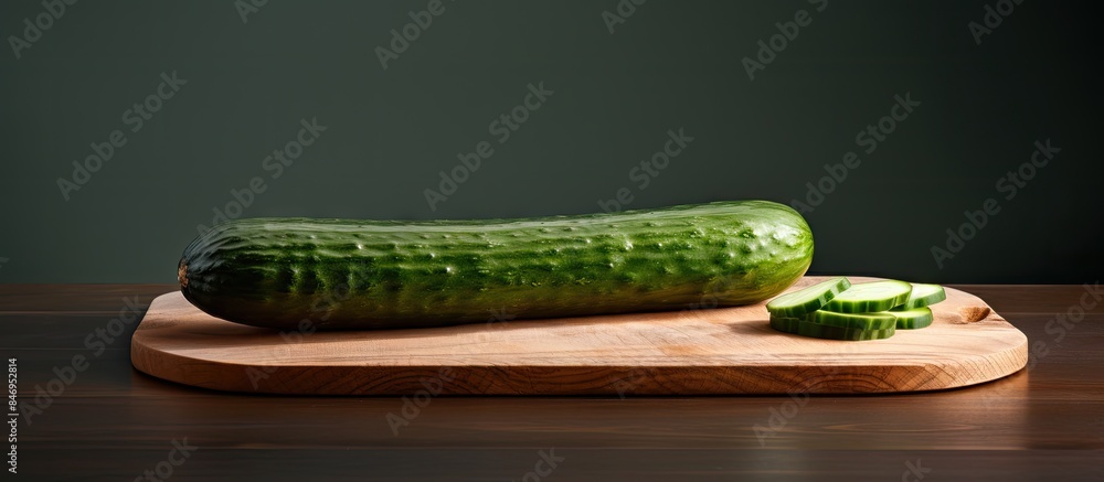 Poster fresh cucumber cut into pieces arranged on a wooden cutting board with a sharp knife. with copy spac