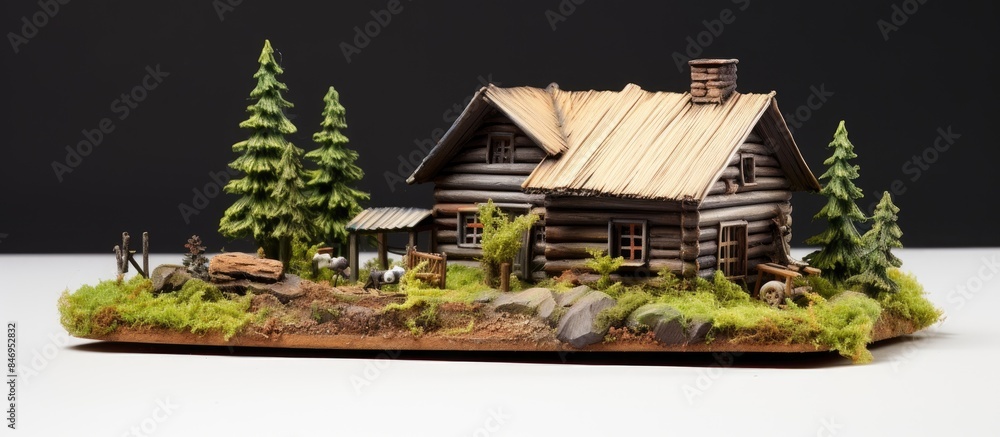 Aufkleber Charming small house made of wood nestled in a green forest with an abundance of trees and foliage. with copy space image. Place for adding text or design