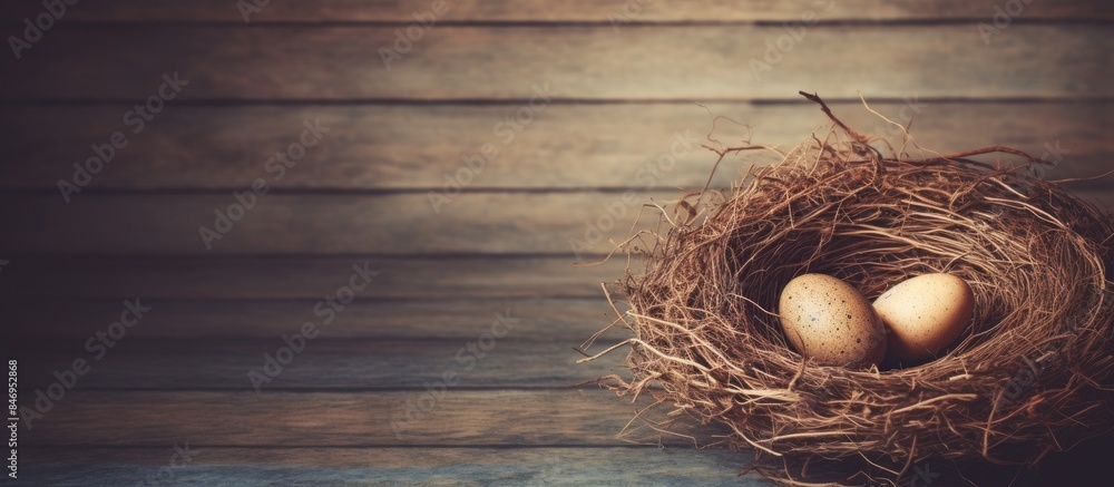 Poster Eggs in nest resting on table, creating a simple and natural scene with wooden elements. with copy space image. Place for adding text or design