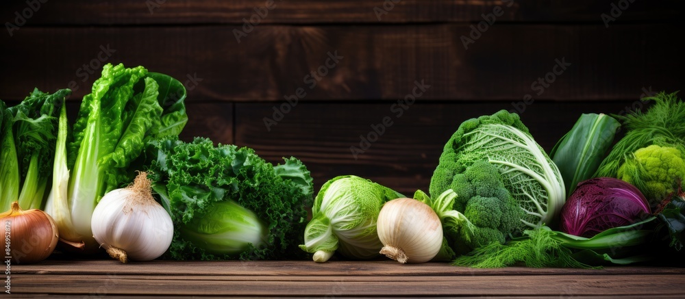Poster various vegetables arranged on a wooden table, including cabbage and green onions. with copy space i