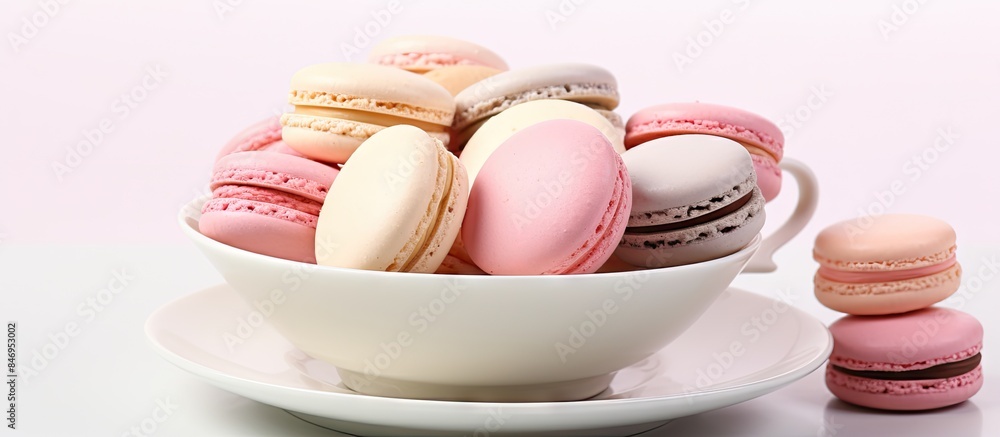 Leinwandbilder Numerous delicate macarons of light color arranged in a bowl on a plate, showcasing a coffee shop aesthetic. with copy space image. Place for adding text or design