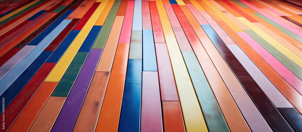 Poster vibrant wood flooring contrasts with a dark wall while colorful bars lie scattered on the floor. wit