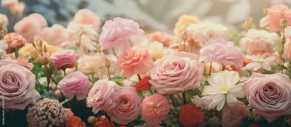 Poster various colored flowers beautifully displayed in a vase on a table, adding charm to the setting. wit