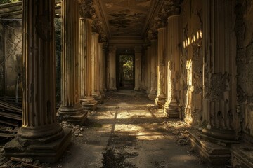 Sunlight streams through the ruins of a classical building, casting long shadows