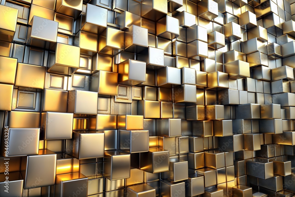 Poster an abstract pattern of gold and silver geometric cubes creating a dynamic and modern design.