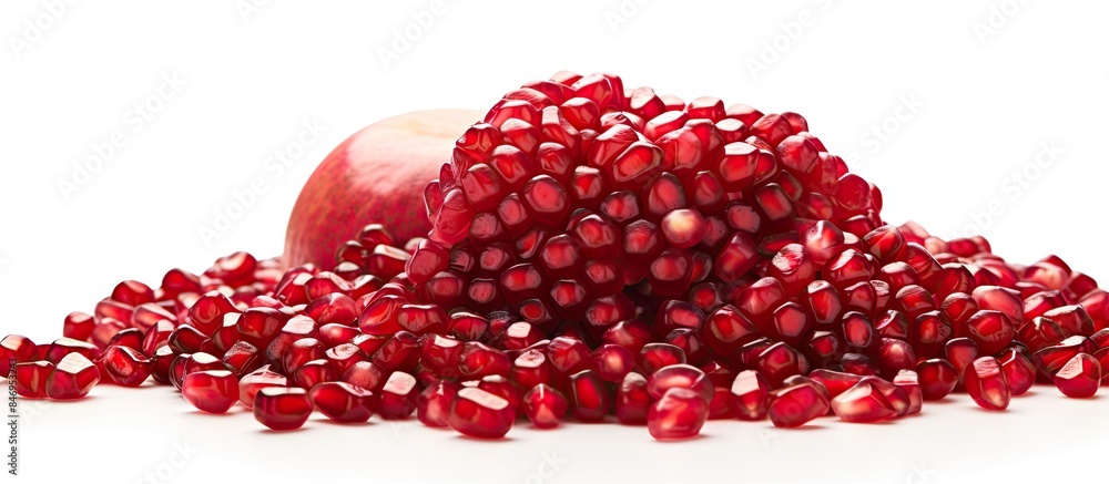 Leinwandbilder Close-up showing a colorful mound of pomegranates with a split half, focusing on the juicy seeds and vibrant red hues. with copy space image. Place for adding text or design