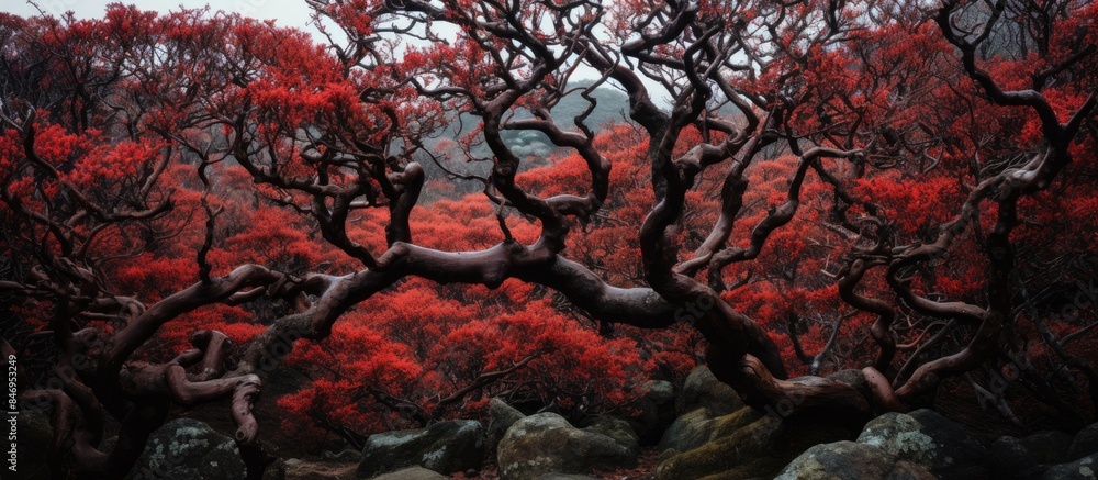 Poster Red manzanita tree stands out amid a chaotic forest setting with rocks in the foreground. with copy space image. Place for adding text or design