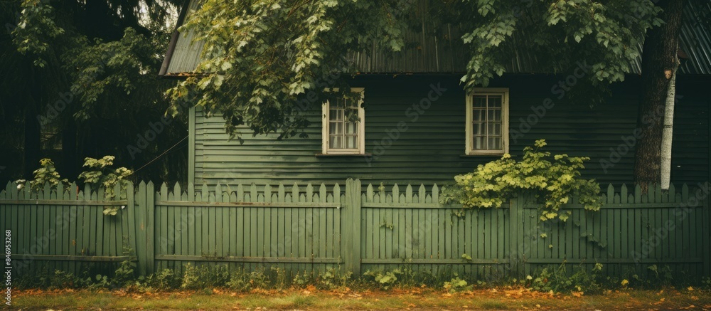 Poster wooden house, aged and green, stands with a fence, embraced by surrounding elements of nature. with 