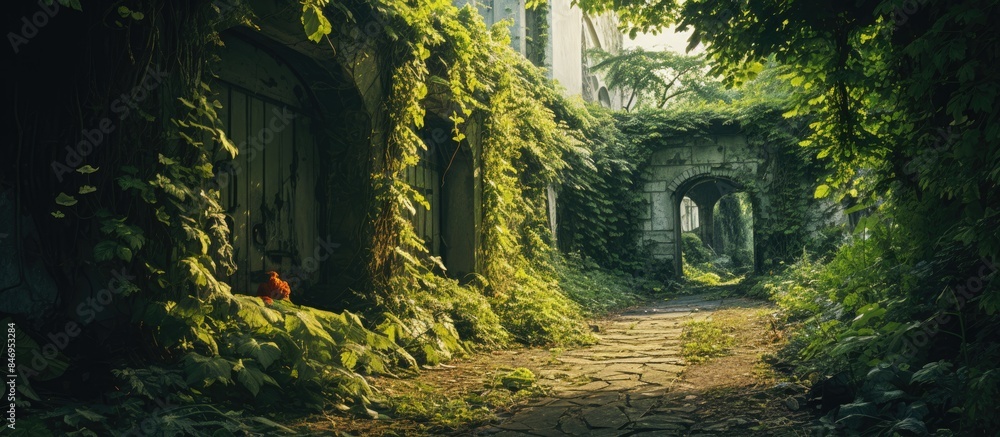 Poster Path through a tunnel overgrown with ivy creates a mystical atmosphere in an abandoned garden setting. with copy space image. Place for adding text or design