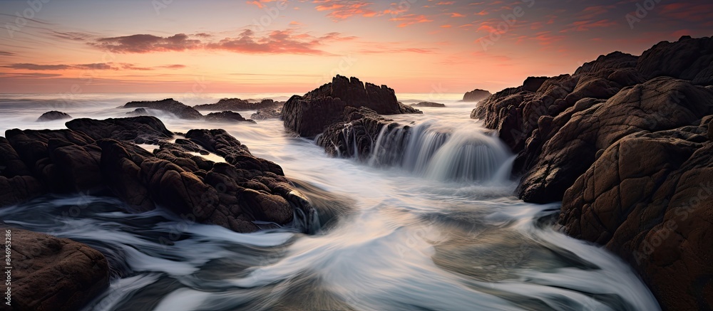 Leinwandbilder rocky beach scene featuring a central waterfall amidst the tranquil surroundings. with copy space im