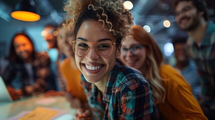 Obraz premium Smiling woman with curly hair and glasses surrounded by colleagues in a casual office environment, showcasing team collaboration and joy at work.