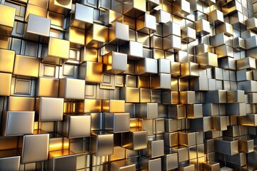 An abstract pattern of gold and silver geometric cubes creating a dynamic and modern design.
