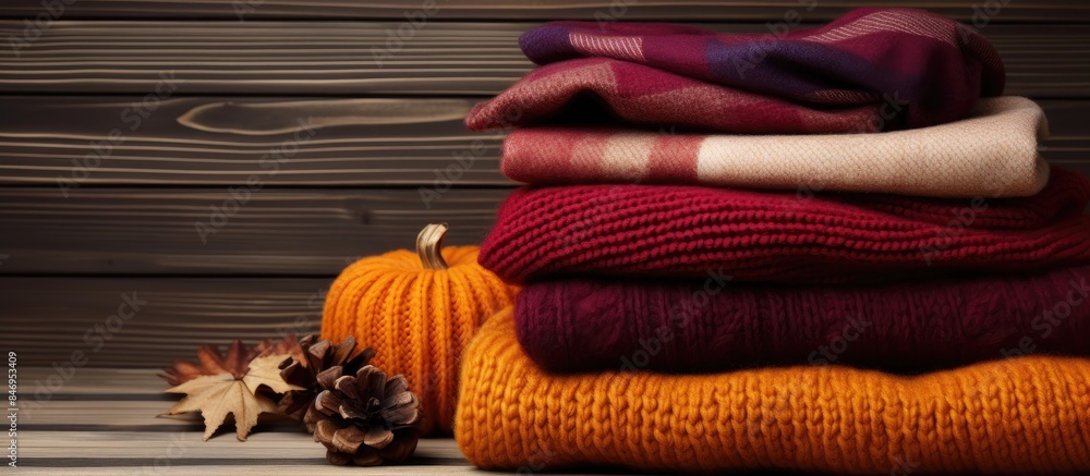 Poster cozy rolls of woolen blankets displayed on a rustic wooden surface, perfect for autumn clothing with